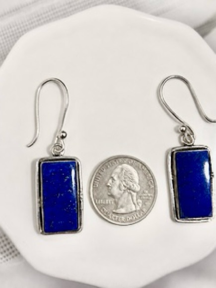 Rectangle Drop Earrings Handcrafted Sterling Silver & Lapis Lazuli (Deep Blue)